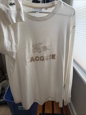 Lacoste Cream Long Sleeve Logo Tee with Beige Embroidery